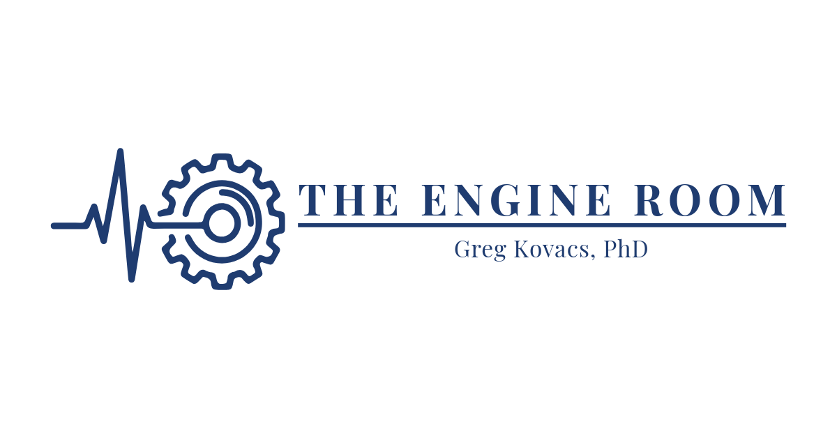 Official logo for The Engine Room featuring a clinical heartbeat line transitioning into a mechanical gear, underscored by Greg Kovacs, PhD.